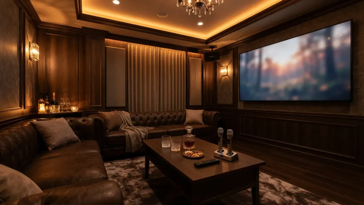 A modern and cozy karaoke room interior with leather sofas, low table, microphones, and soft ambient lighting